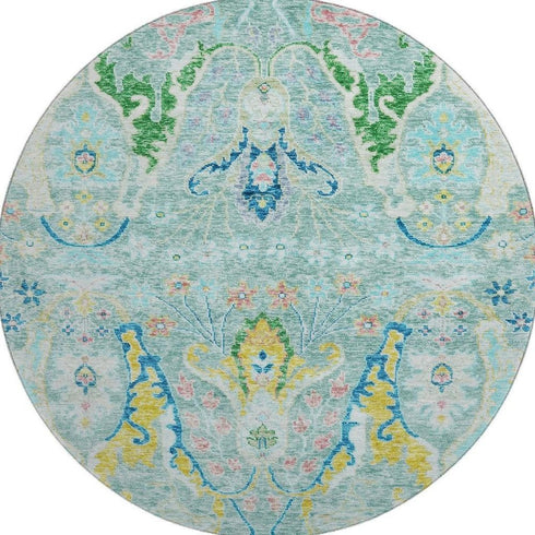8' Teal Gold And Blue Floral Washable Round Rug With UV Protection