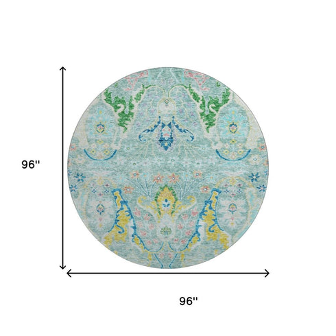 8' Teal Gold And Blue Floral Washable Round Rug With UV Protection