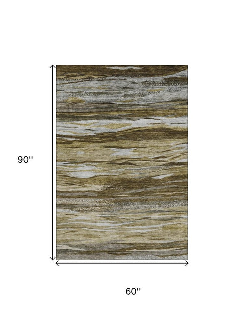 5' X 8' Brown Beige And Taupe Abstract Washable Area Rug With UV Protection
