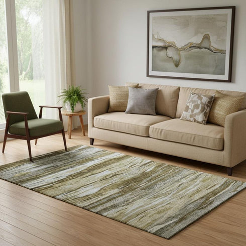 5' X 8' Brown Beige And Taupe Abstract Washable Area Rug With UV Protection