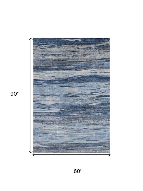 5' X 8' Blue Gray And Silver Abstract Washable Area Rug With UV Protection