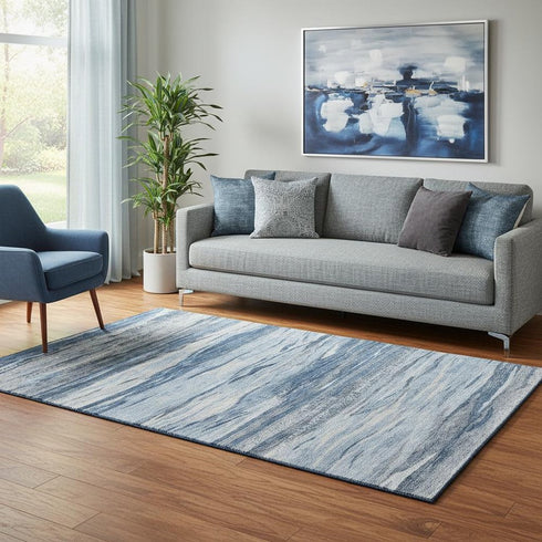 5' X 8' Blue Gray And Silver Abstract Washable Area Rug With UV Protection