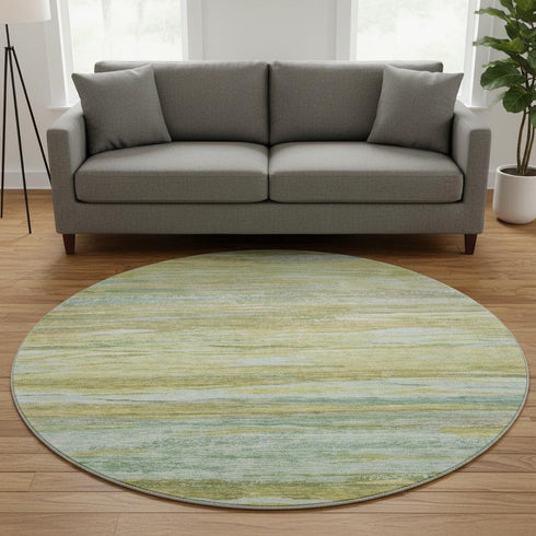 8' Sage Gray And Aqua Abstract Washable Round Rug With UV Protection