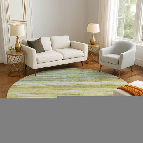8' Sage Gray And Aqua Abstract Washable Round Rug With UV Protection