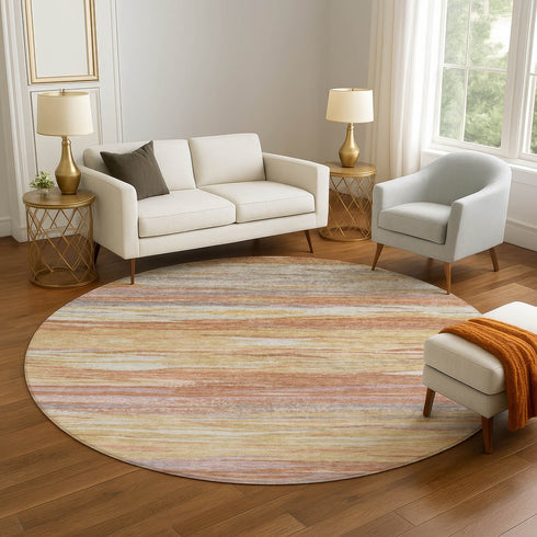 8' Salmon Gold And Gray Abstract Washable Round Rug With UV Protection