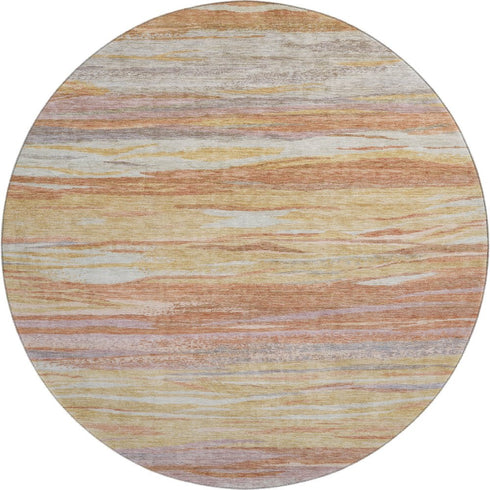 8' Salmon Gold And Gray Abstract Washable Round Rug With UV Protection