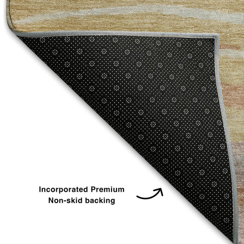 8' Salmon Gold And Gray Abstract Washable Round Rug With UV Protection