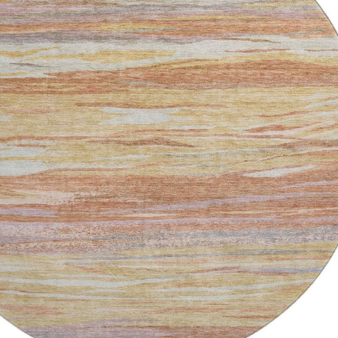 8' Salmon Gold And Gray Abstract Washable Round Rug With UV Protection