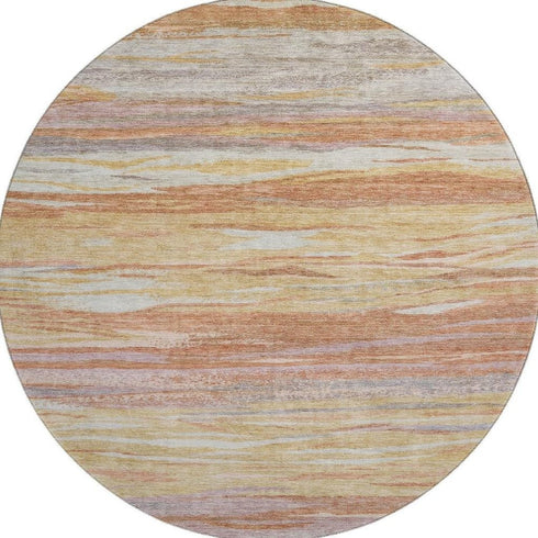 8' Salmon Gold And Gray Abstract Washable Round Rug With UV Protection