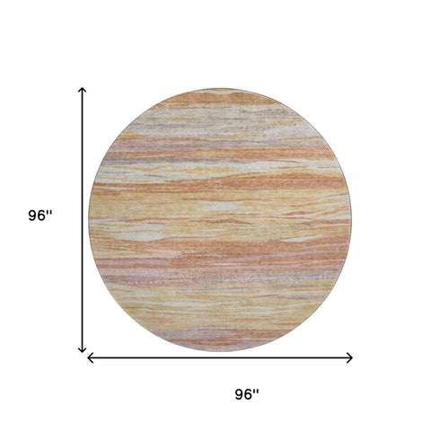 8' Salmon Gold And Gray Abstract Washable Round Rug With UV Protection