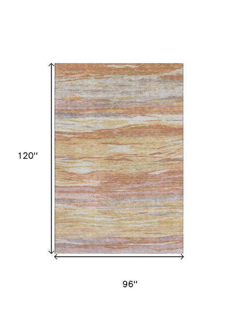8' X 10' Salmon Gold And Gray Abstract Washable Area Rug With UV Protection