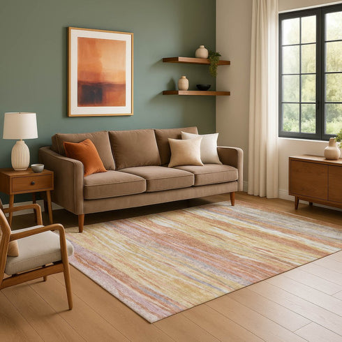 8' X 10' Salmon Gold And Gray Abstract Washable Area Rug With UV Protection