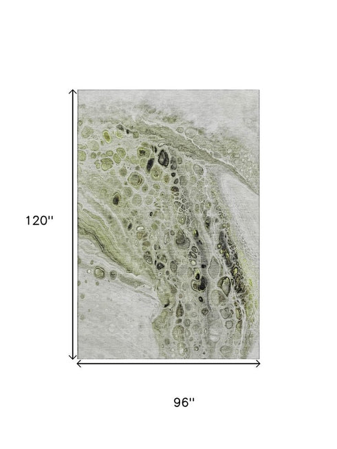 8' X 10' Artichoke Green Gray And Silver Abstract Washable Area Rug With UV Protection