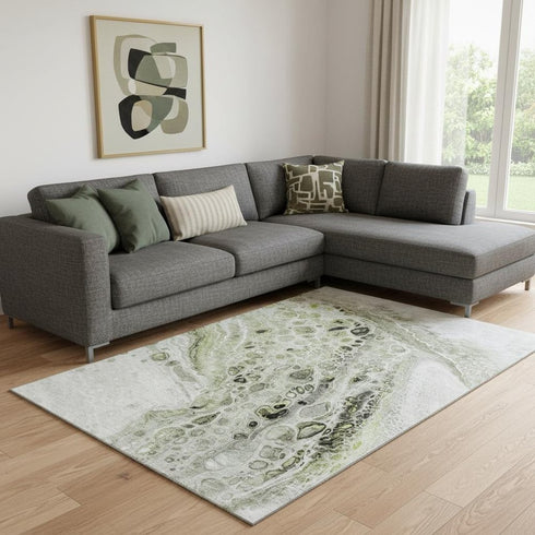 8' X 10' Artichoke Green Gray And Silver Abstract Washable Area Rug With UV Protection