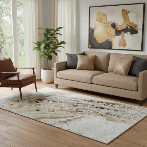 5' X 8' Beige Ivory And Taupe Abstract Washable Area Rug With UV Protection
