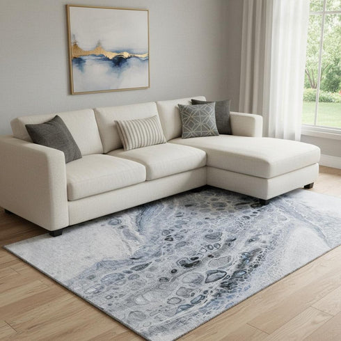 8' X 10' Blue Gray And Silver Abstract Washable Area Rug With UV Protection