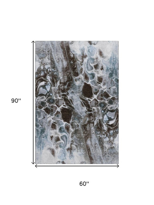5' X 8' Chocolate Blue And Gray Abstract Washable Area Rug With UV Protection