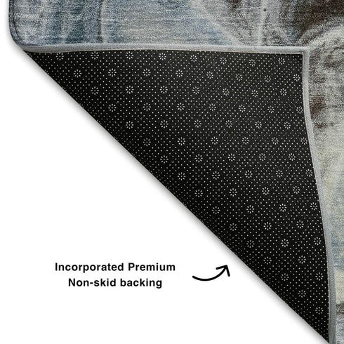 5' X 8' Chocolate Blue And Gray Abstract Washable Area Rug With UV Protection