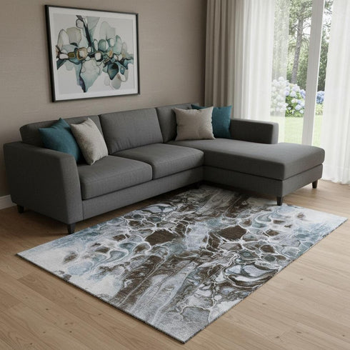 8' X 10' Chocolate Blue And Gray Abstract Washable Area Rug With UV Protection
