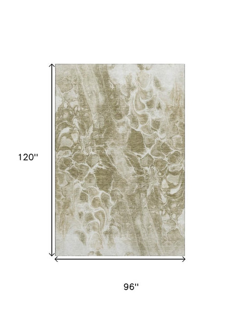 8' X 10' Khaki And Ivory Abstract Washable Area Rug With UV Protection