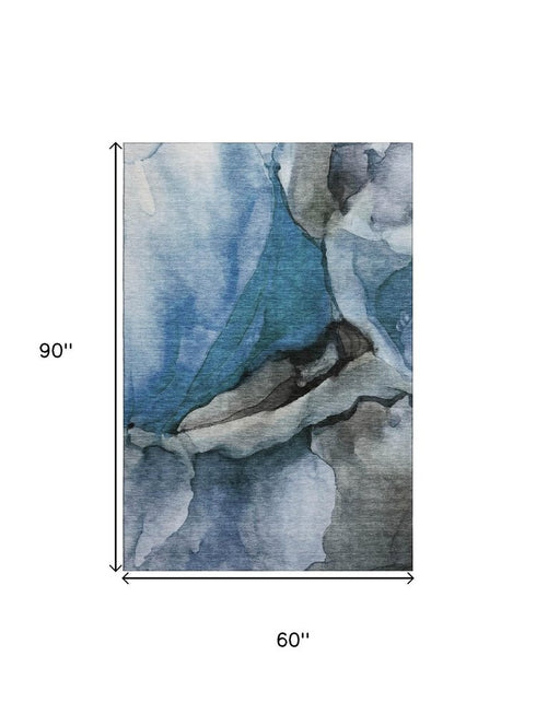 5' X 8' Blue Gray And Silver Abstract Washable Area Rug With UV Protection