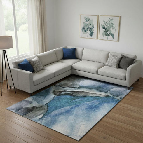 9' X 12' Blue Gray And Silver Abstract Washable Area Rug With UV Protection