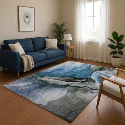 9' X 12' Blue Gray And Silver Abstract Washable Area Rug With UV Protection
