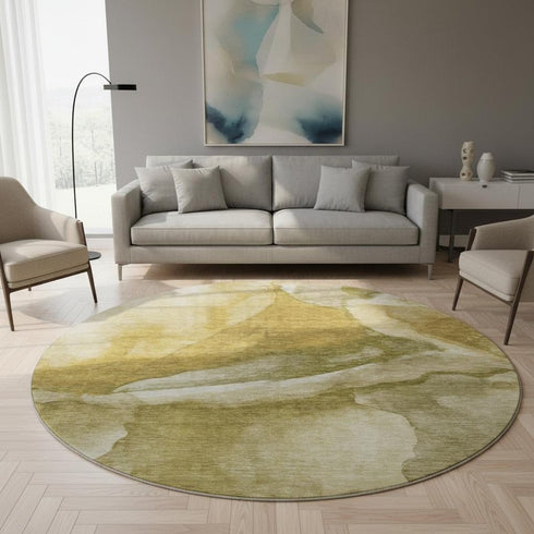 8' Wheat Gray And Beige Abstract Washable Round Rug With UV Protection