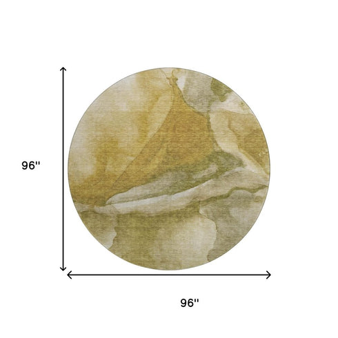8' Wheat Gray And Beige Abstract Washable Round Rug With UV Protection