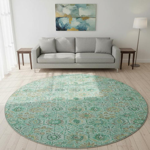 8' Aqua And Beige Floral Washable Round Rug With UV Protection