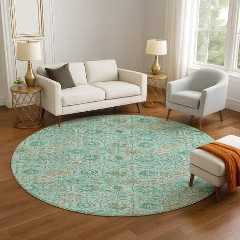 8' Aqua And Beige Floral Washable Round Rug With UV Protection