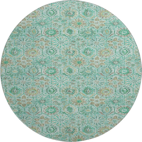 8' Aqua And Beige Floral Washable Round Rug With UV Protection