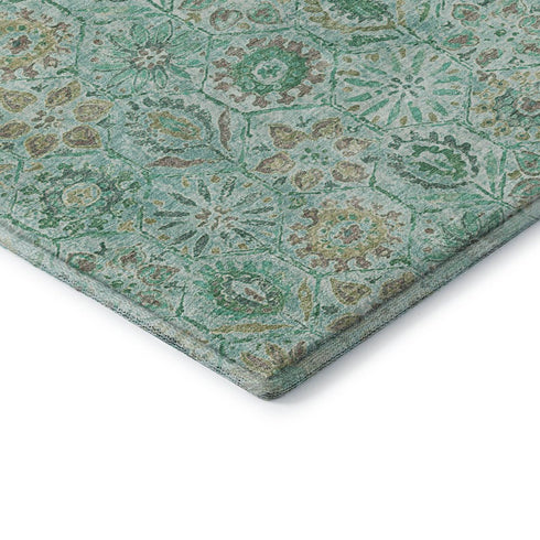 8' Aqua And Beige Floral Washable Round Rug With UV Protection