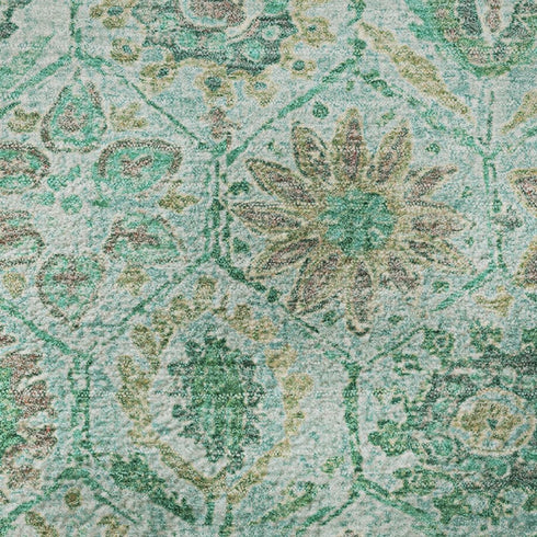 8' Aqua And Beige Floral Washable Round Rug With UV Protection