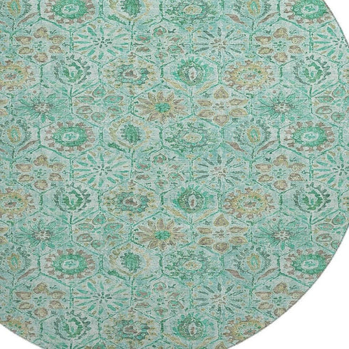 8' Aqua And Beige Floral Washable Round Rug With UV Protection