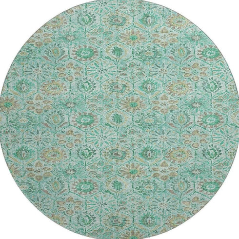 8' Aqua And Beige Floral Washable Round Rug With UV Protection