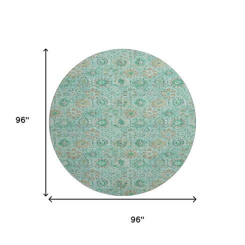 8' Aqua And Beige Floral Washable Round Rug With UV Protection