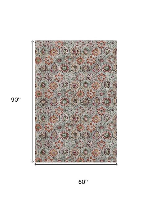 5' X 8' Rust Gray And Silver Floral Washable Area Rug With UV Protection