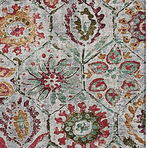 5' X 8' Rust Gray And Silver Floral Washable Area Rug With UV Protection