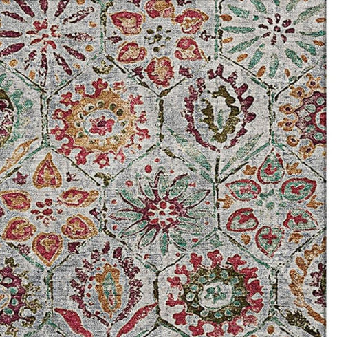 5' X 8' Rust Gray And Silver Floral Washable Area Rug With UV Protection