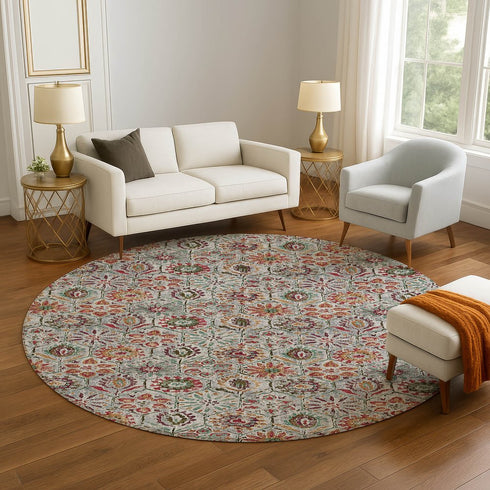 8' Rust Gray And Silver Floral Washable Round Rug With UV Protection