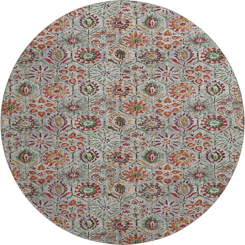 8' Rust Gray And Silver Floral Washable Round Rug With UV Protection