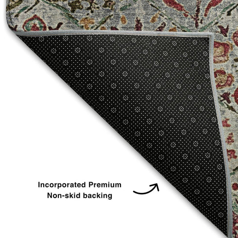 8' Rust Gray And Silver Floral Washable Round Rug With UV Protection