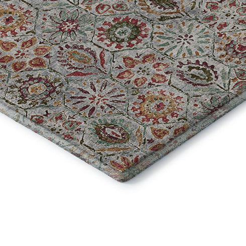 8' Rust Gray And Silver Floral Washable Round Rug With UV Protection