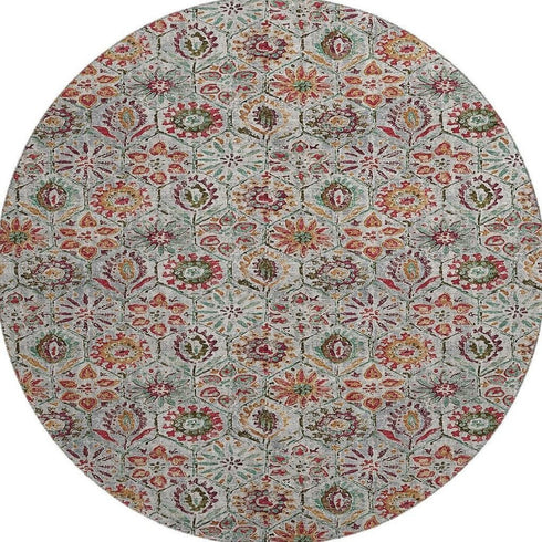 8' Rust Gray And Silver Floral Washable Round Rug With UV Protection