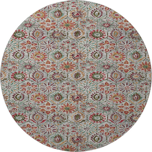 8' Rust Gray And Silver Floral Washable Round Rug With UV Protection