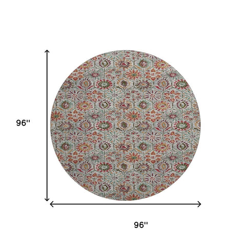 8' Rust Gray And Silver Floral Washable Round Rug With UV Protection