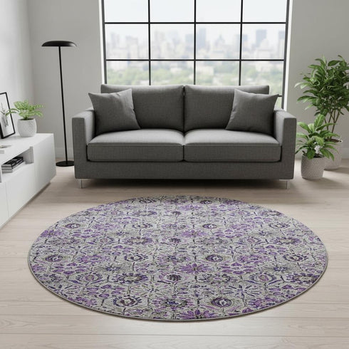 8' Purple Gray And Silver Floral Washable Round Rug With UV Protection