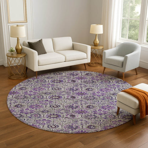 8' Purple Gray And Silver Floral Washable Round Rug With UV Protection