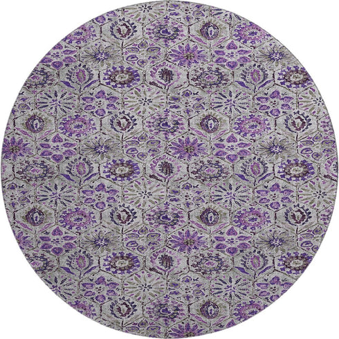 8' Purple Gray And Silver Floral Washable Round Rug With UV Protection